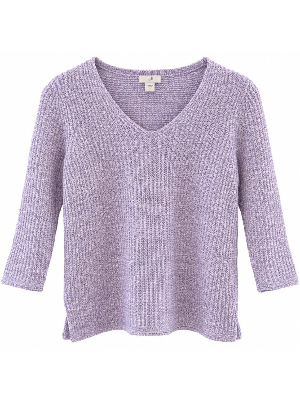 J.Jill Lavender Petite V-Neck Sweater With 3/4 Sleeves Cotton Blend Ribbed Knit